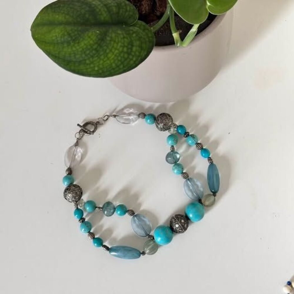 Vintage Turquoise & Silver-Tone Statement Beaded Necklace